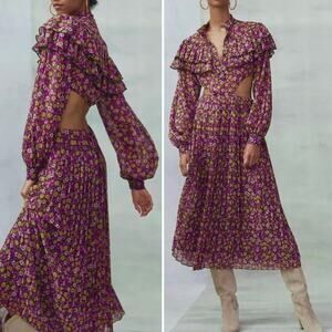 Ronny Kobo Floral Cut-Out Long Sleeve Midi Dress Ruffle Purple Orange Large New